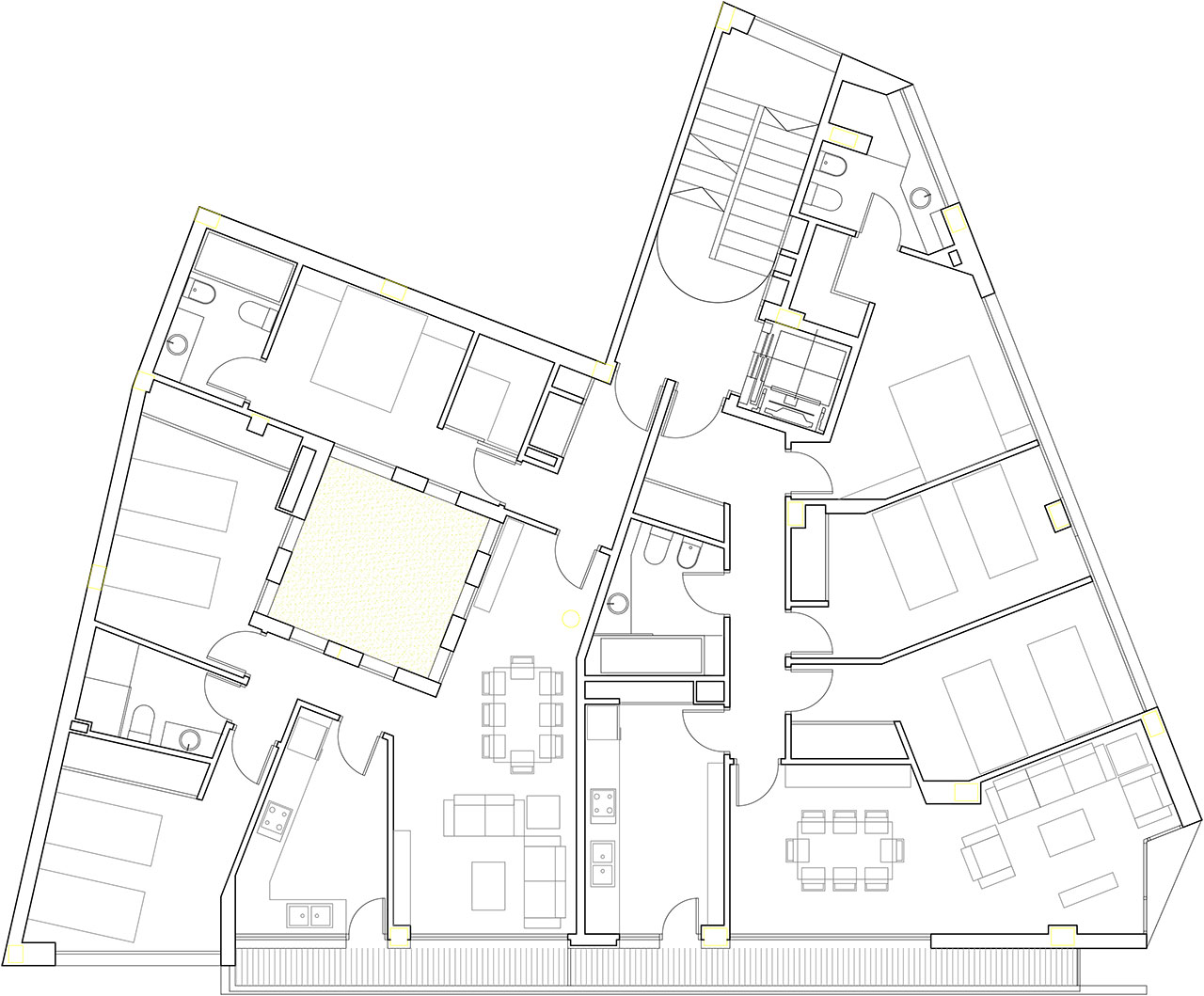 Plano del proyecto de construcción de edificio viviendas con fachadas a dos orientaciones