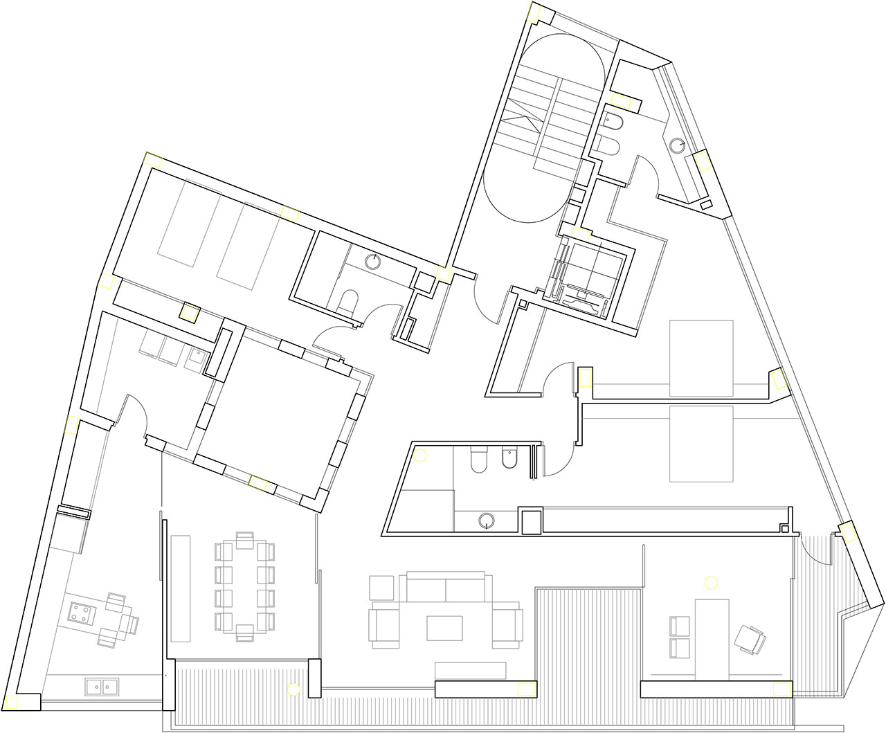Plano del proyecto de construcción de edificio viviendas con fachadas a dos orientaciones